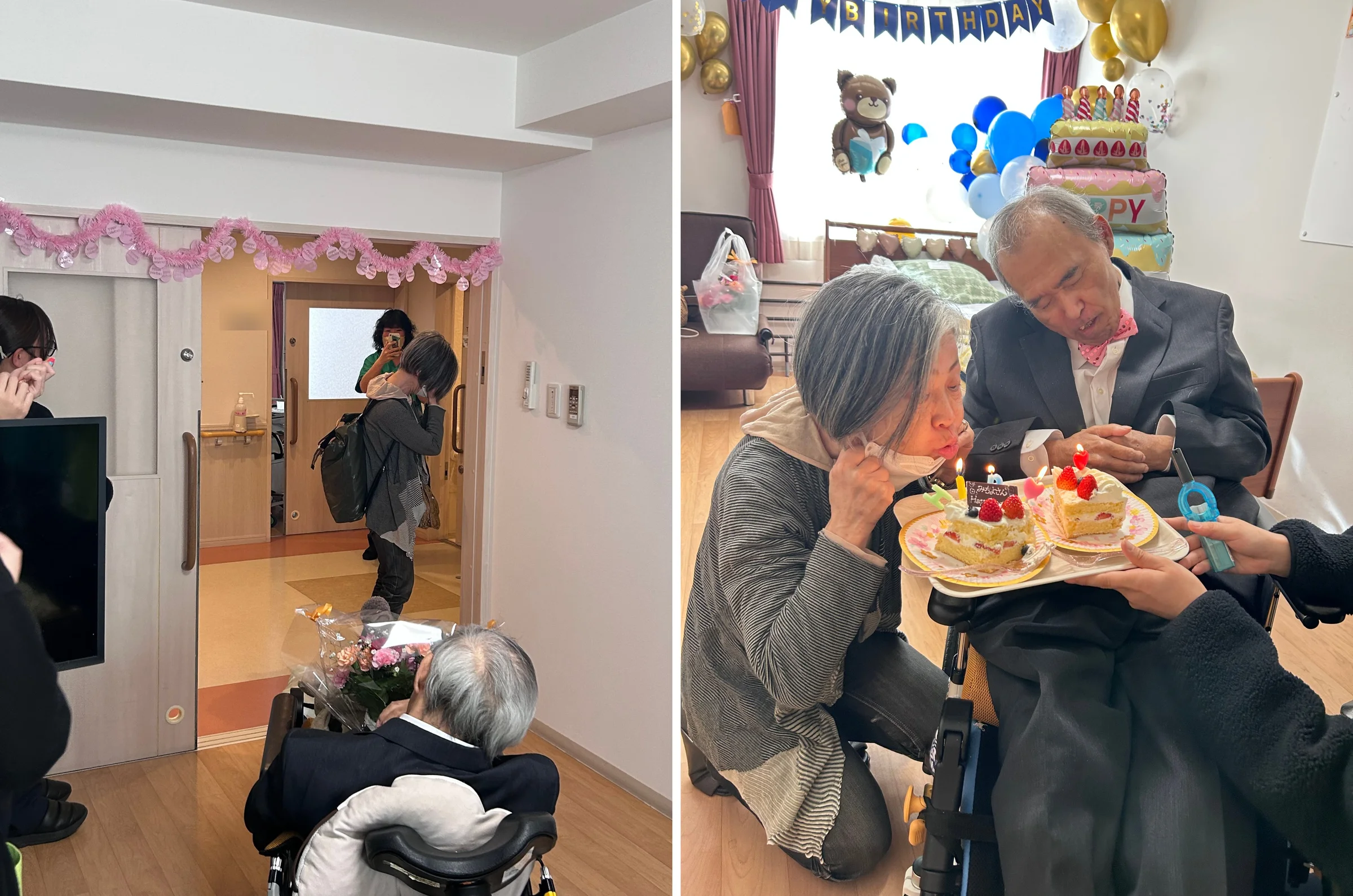 左：誕生日の飾り付けがされた居室の扉を開け、手で顔を覆って涙を流す配偶者さま。手前では、スーツ姿のAさまが花束を持って車いすで待っている。右：Aさまの隣で、配偶者さまがいちごのショートケーキに立てたろうそくを吹き消している